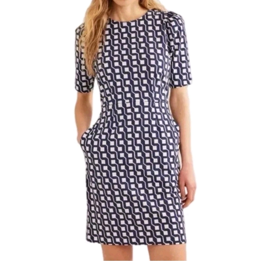 Boden Zoe Dress Women's Geometric Knee White Navy Blue Cotton 8 NWOT Pockets